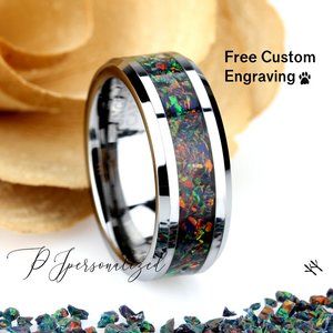 Black Fire Opal 8mm Tungsten Wedding Band Ring